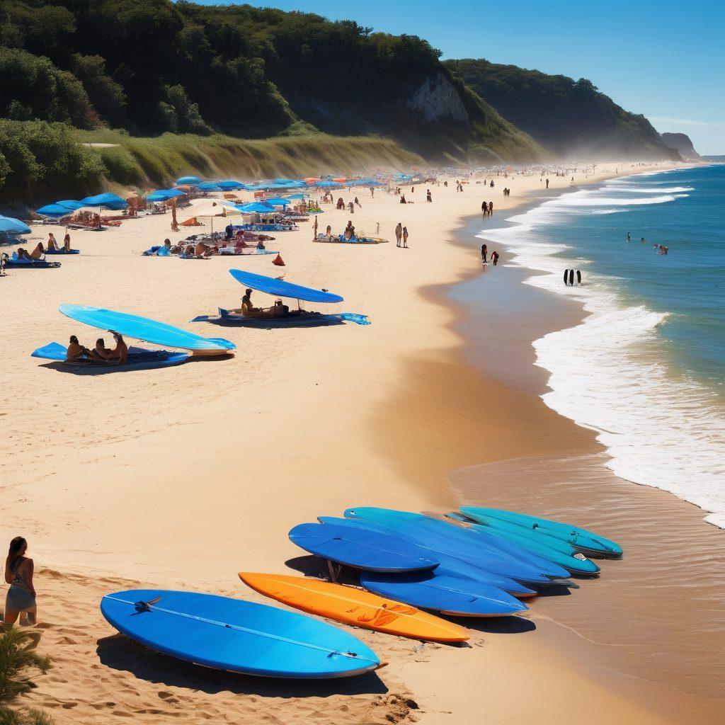 A vibrant beach scene with people engaging in various summer activities like surfing, beach volleyball, and sunbathing, contrasted with a section showing responsible gun owners participating in target shooting at a nearby range. Include detailed elements like beach umbrellas, surfboards, firearms, and safety gear, with a bright blue sky and shining sun. super-realistic. vibrant colors. lively atmosphere.
